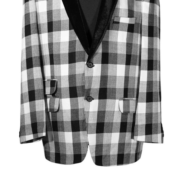 Mens Blazer Black White Plaid Wool Velvet Tuxedo Suit Jacket Sport Coat 46R - Picture 5 of 7
